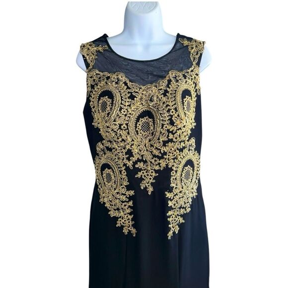 Black And Gold Mesh Embroidered Full Train Gown Evening Dress Size M - Picture 3 of 10